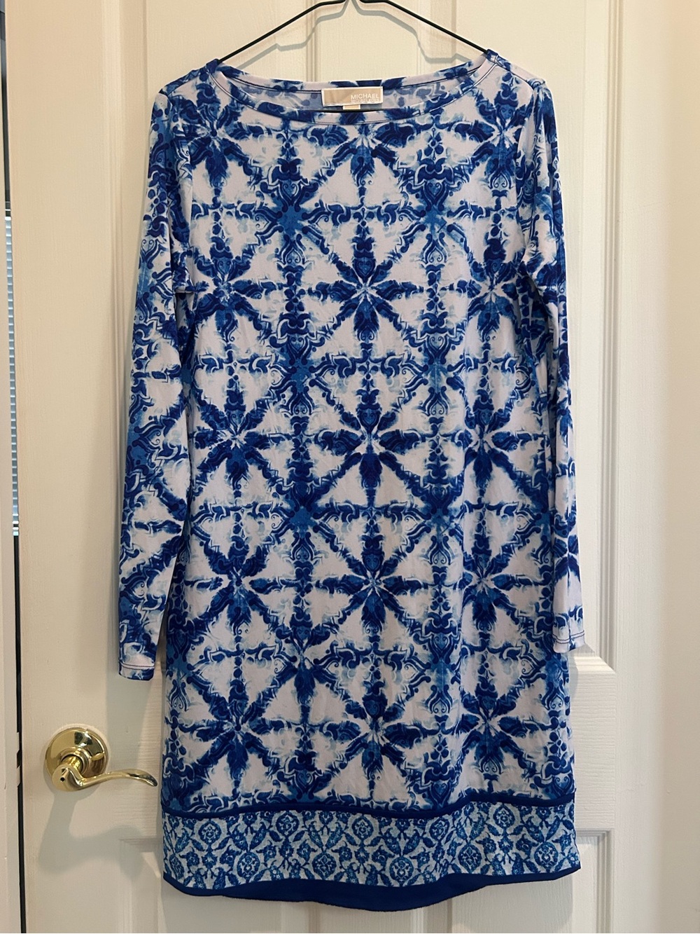 Michael Kors Blue and White Patterned Long Sleeve Dress
